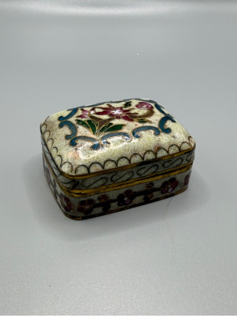 Hand-Enameled Floral Trinket Box - Cream with Pink and Teal Accents